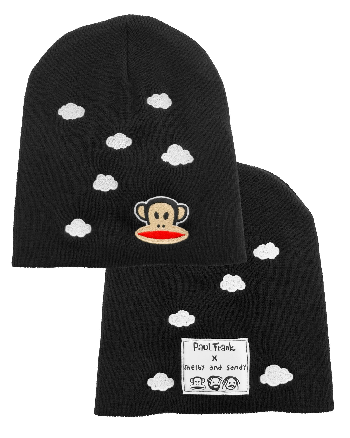 Black beanie with cloud patterns and Paul Frank logo on a white background