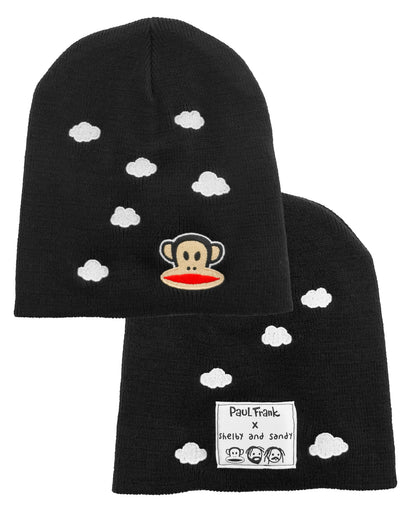 Black beanie with cloud patterns and Paul Frank logo on a white background