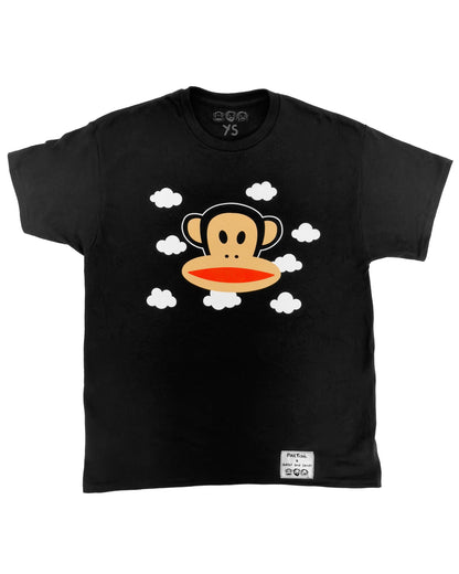 Black t-shirt with a cartoon monkey design on a white background