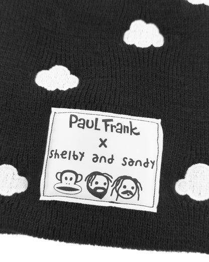 Black beanie with white cloud patterns and Paul Frank label