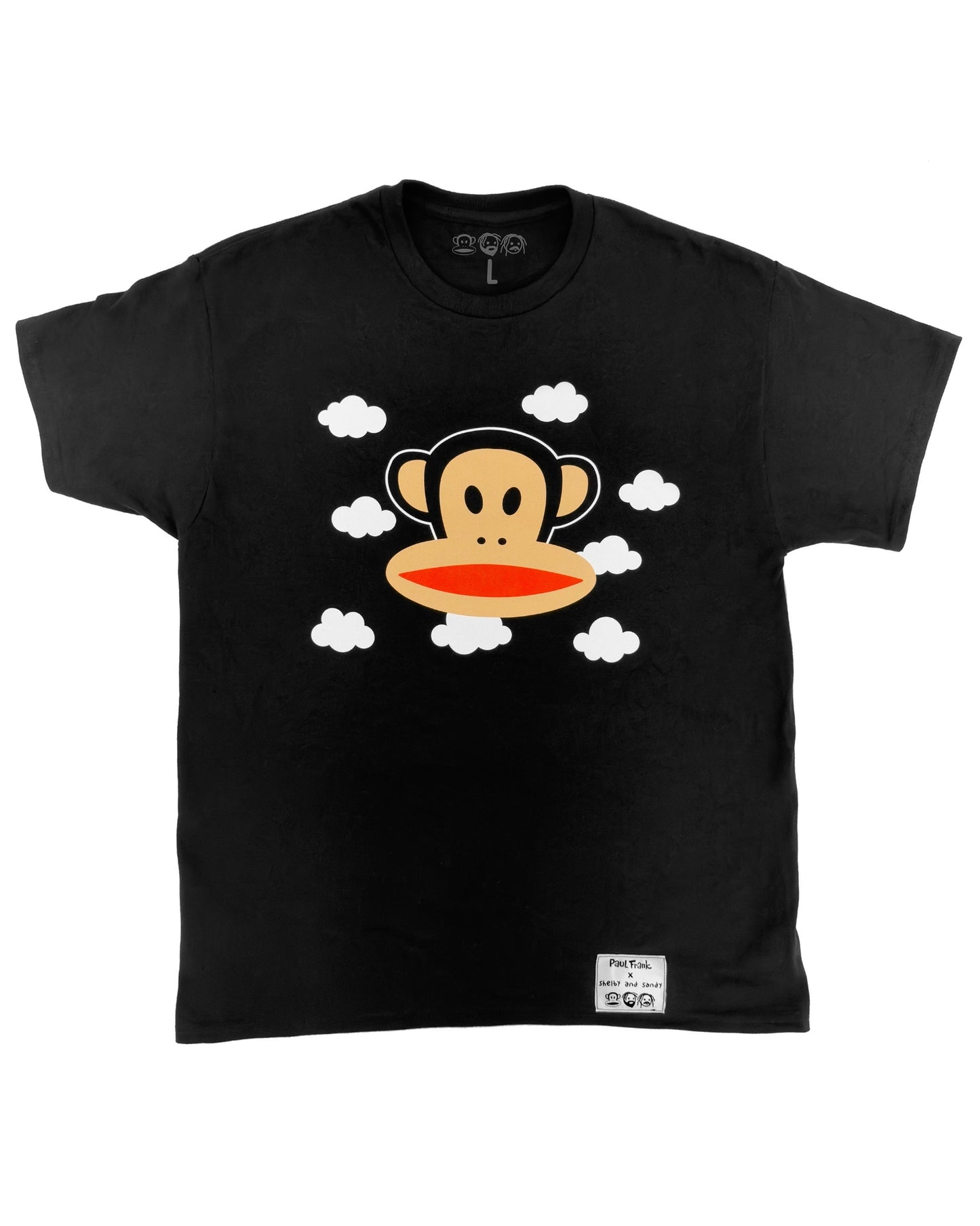 Black t-shirt with a cartoon monkey design with white clouds in the background