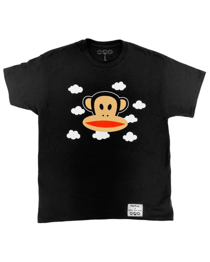Black t-shirt with a cartoon monkey design with white clouds in the background