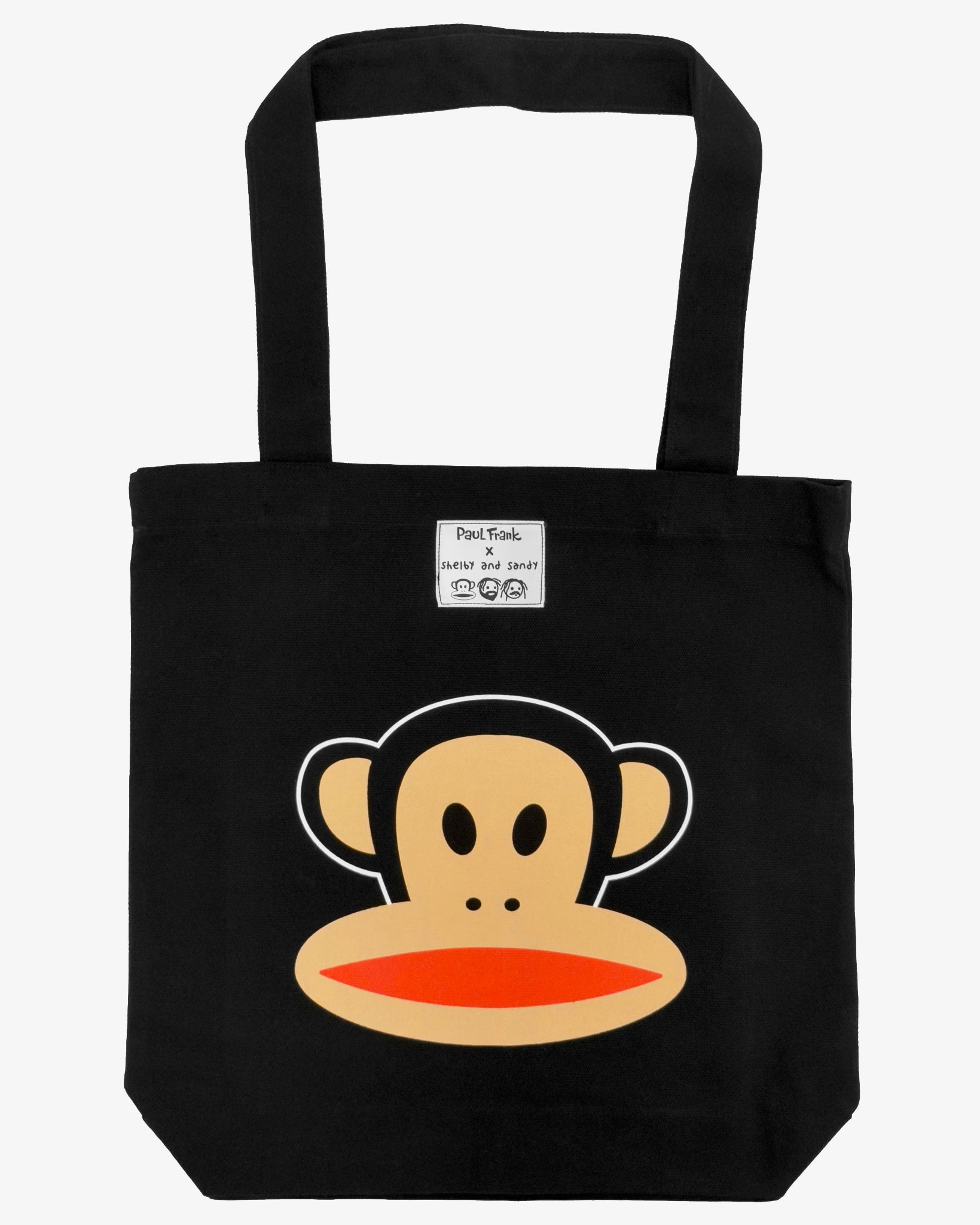 Black tote bag with a monkey face design on a black background