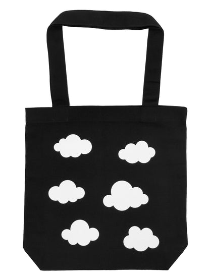 Black tote bag with white cloud patterns on a black background