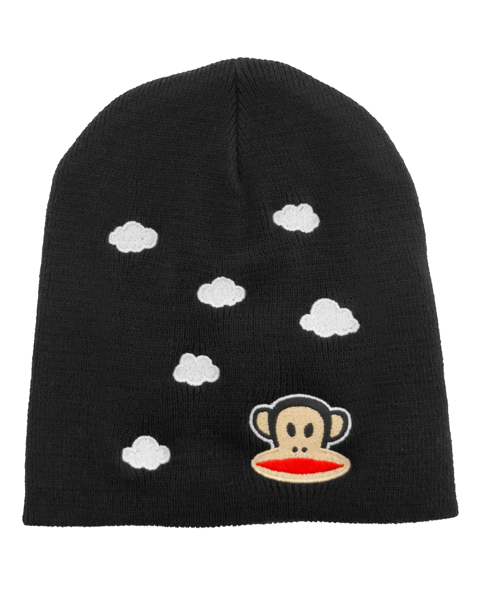 Black beanie with white cloud patterns and a monkey face logo on a black background