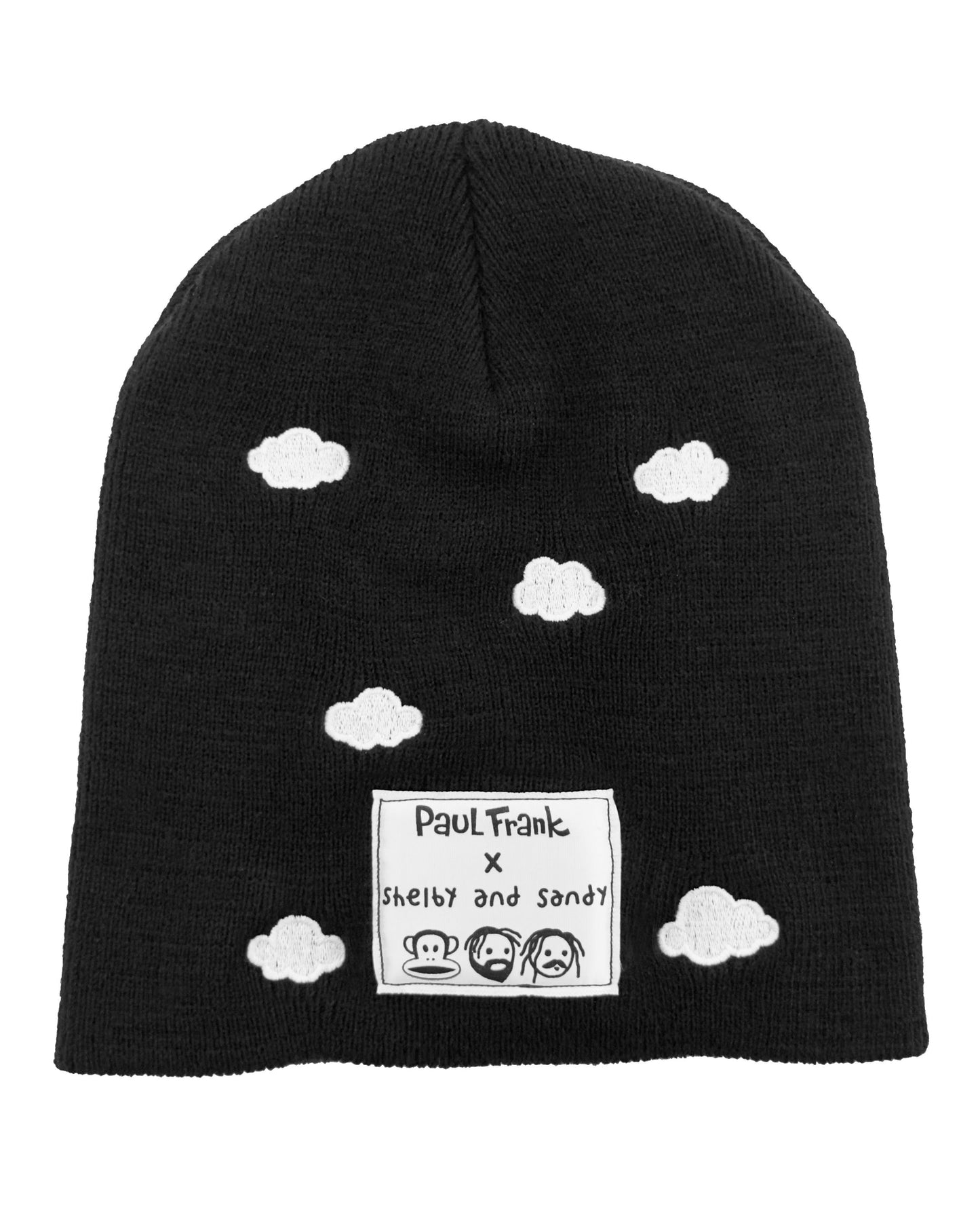 Black beanie with white cloud patterns and Paul Frank logo on a white background
